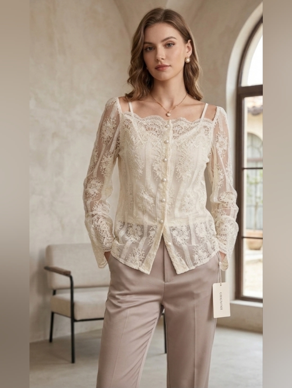 NWT Chicwish Cream Floral Lace Button Front Blouse & Cami Set - Size M/L